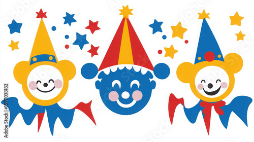 Colorful Cartoon Clowns with Festive Hats and Cheerful Expressions, Perfect for Celebrations, Parties, and Kids’ Events in a Fun and Whimsical Style