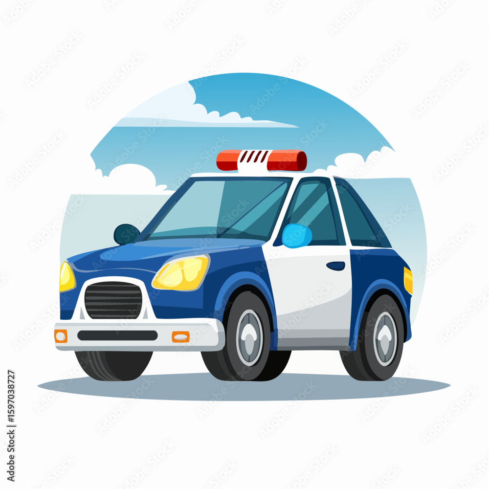 Fototapeta premium Red cartoon vector police car illustration with van and minibus design for transportation and travel