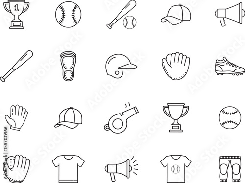Baseball Equipment and Accessories Line Art Icon Collection Illustration