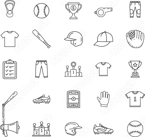 Baseball Equipment and Accessories Line Art Icon Collection Illustration