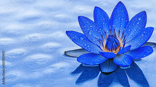 Blue Lotus Flower with Raindrops on Calm Water Surface, Close-Up View Highlighting Natural Beauty and Serenity in a Tranquil Aquatic Environment
