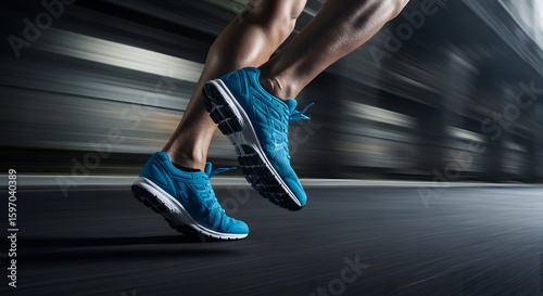Running Legs and Feet in Motion with Blue Athletic Shoes on Paved Surface