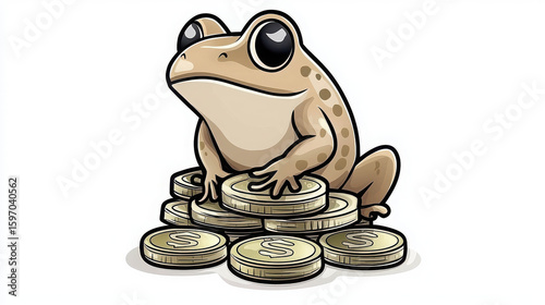 Cartoon frog sitting on a pile of gold coins symbolizing wealth, finance, prosperity, and good luck in a playful and imaginative way