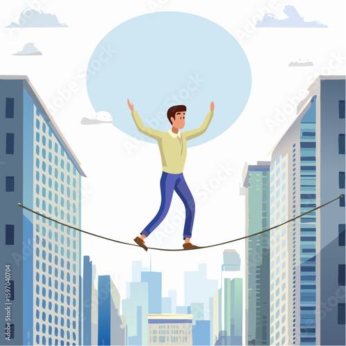 Figure walking between buildings on a rope, symbolizing pressure, balance, and danger in idiom vector illustration.