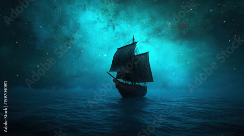 Majestic Sailboat Gliding Through a Mystical Ocean Under a Starlit Sky with Ethereal Blue Glow and Whispers of Whimsical Adventure and Discovery