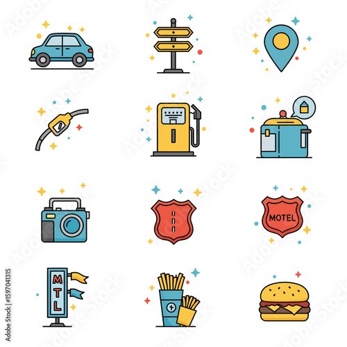 Colorful Travel and Road Trip Icons with Sparkling Star Accents.