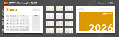 2026 Spanish language Calendar Planner Set of Template Monthly Page and cover with Place for Photo, Company Logo. Vector grid layout of wall or desk organizer with week start Monday. Pages size A4