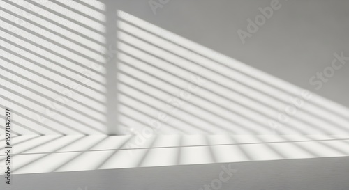 Minimalist white background with diagonal shadow stripes from blinds, clean and airy