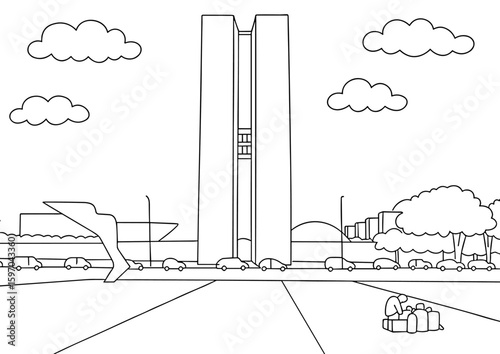 National Congress of Brazil, Iconic Modern Architecture in Brasília, coloring page