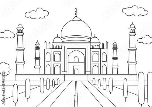 Taj Mahal, Iconic Marble Mausoleum with Reflecting Pool, Agra, India, coloring page
