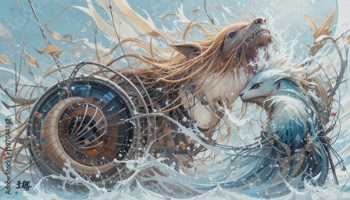 Mechanical metamorphosis artistic rendering of mythical creatures interacting