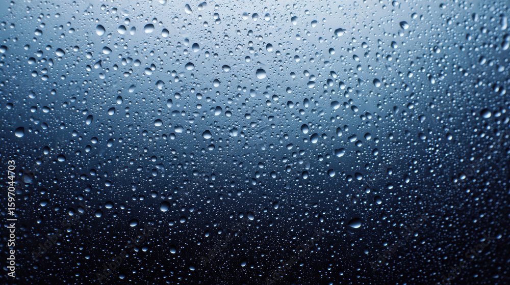 Obraz premium Water droplets on glass panel create moody blue texture with high fidelity and clean surface reflecting light