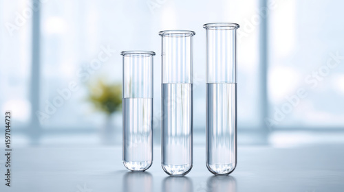 Clear glass test tube set with water in bright laboratory environment, showcasing scientific equipment for research and experiments