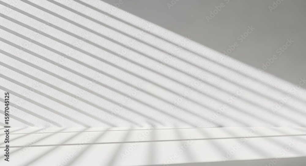 Obraz premium Clean white studio background with diagonal shadow lines from blinds, offering copy space