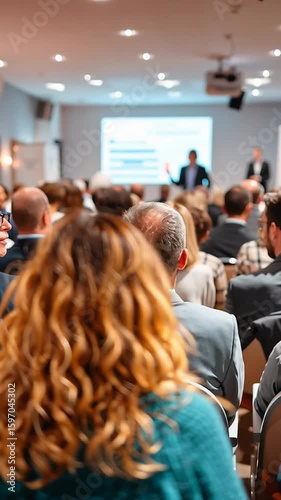 Back view of a mixed-gender audience sitting and watching a presentation on stage in a bright, well-lit conference room filled with attendees.