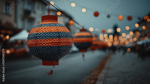 Decorative paper lantern hanging in a city street.