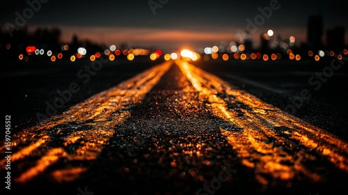 Night road with glowing lane markers and city lights in the distance.