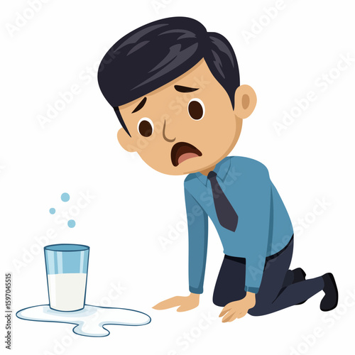 Spilled milk and sad figure nearby, visual metaphor for pointless regret and dwelling on the past, drawn in clean vector style.