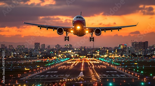 Jet airplane landing at dusk over a city airport.