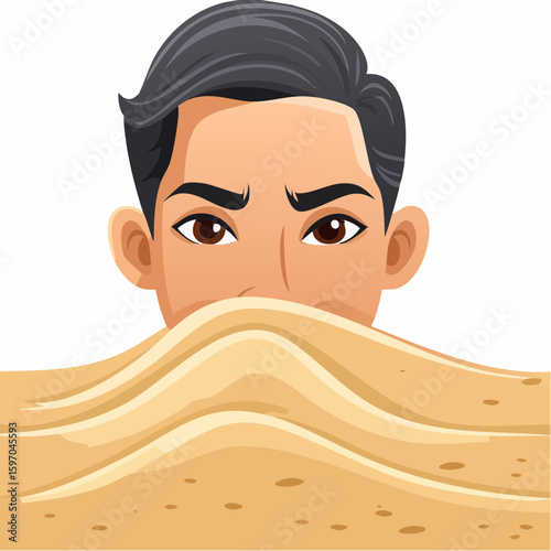 Person with head buried in sand, visual metaphor for denial, avoidance, or escape from truth, shown in vector style.