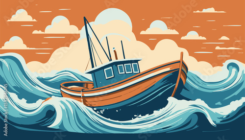 A small boat struggling in rough waters