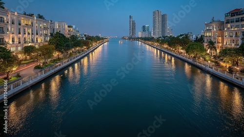 Riverfront cityscape at twilight, illuminated by city lights.