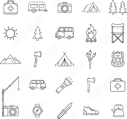 Camping and Outdoor Adventure Icon Set in Line Art Style for Creative Projects
