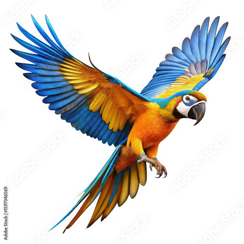 Photo of a colorful macaw parrot in midflight with wings spread isolated on transparent background