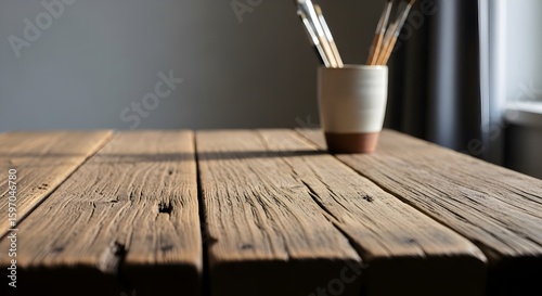 Rustic wooden table with artist paintbrushes in a pot, bathed in soft natural light.