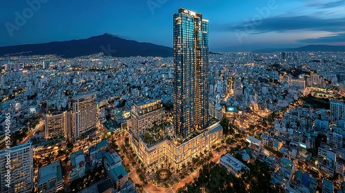 Cityscape at twilight with illuminated skyscrapers and urban sprawl.