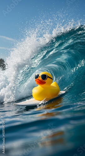 Surfing Rubber Duck with Sunglasses Riding a Wave