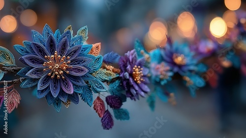 Detailed paper flowers in shades of blue and purple.