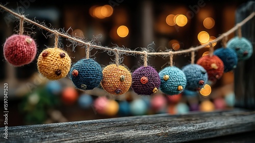 Colorful knitted balls hanging on a string.