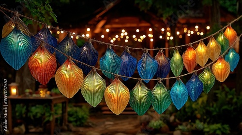 Colorful leaf-shaped string lights hanging in a garden.