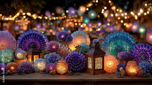 Illuminated decorative items arranged on a wooden surface.
