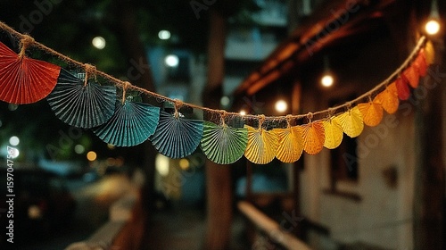 Colorful paper fan decorations strung on a rope.
