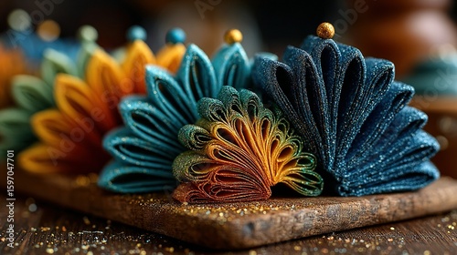 Multicolored, intricate fabric creations with detailed folds.