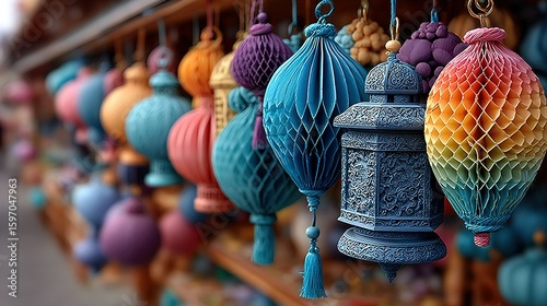 Colorful paper lanterns hanging in a market stall.