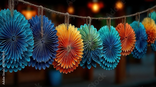 Colorful paper flowers hanging on a string.