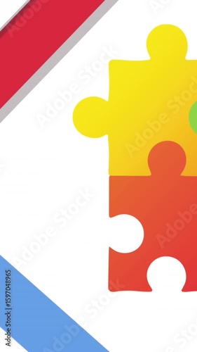 Animation of multi coloured puzzle pieces over white background