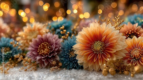 Vibrant flowers in shades of peach, teal, and mauve, arranged on a bed of shimmering snow.
