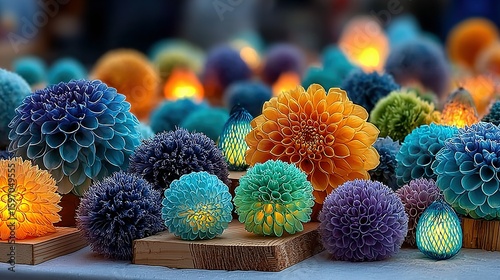 Vibrant floral displays illuminated by warm lights.