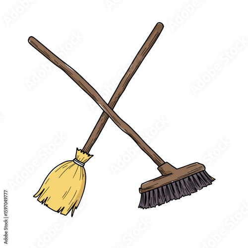 Two crossed brooms with wooden handles on a white background  