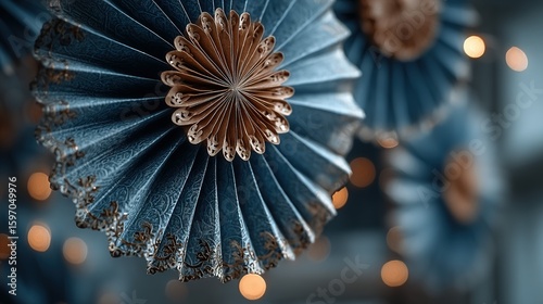 Decorative paper fans in shades of blue and gold.