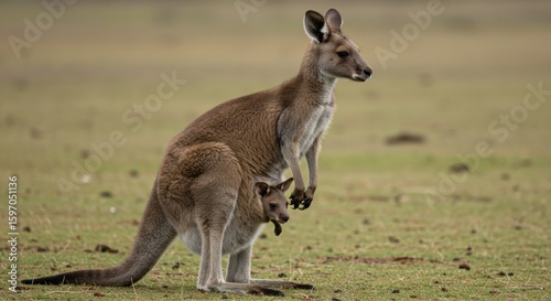 kangaroo standing | A mother kangaroo stands protectively with her joey peeking from her pouch in a serene grassy landscape, showcasing the beauty of wildlife in their natural habitat