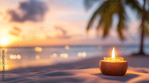 Serene candle glowing on beach at sunset, creating peaceful atmosphere
