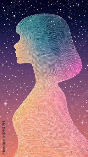 Pastel gradual clean dream an abstract illustration of a woman's silhouette filled with a vibrant gradient, set against a cosmic background of stars, evoking a sense of dreaminess and serenity.