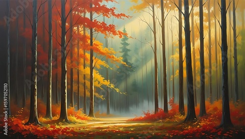 Serene autumn forest path bathed in soft morning light, showcasing vibrant foliage and tall trees.
