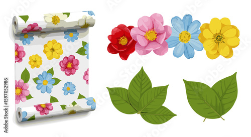 Floral wallpaper roll with red pink blue and yellow flowers and green leaves on white background design