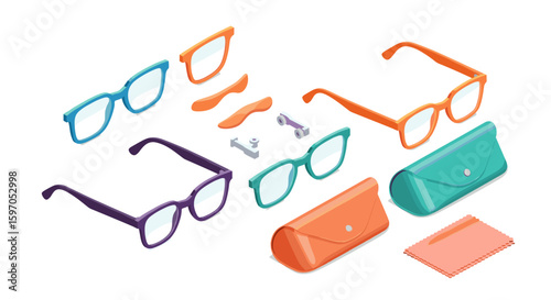 Isometric view of colorful eyeglasses frames with cases and cleaning cloth on a white background scene
